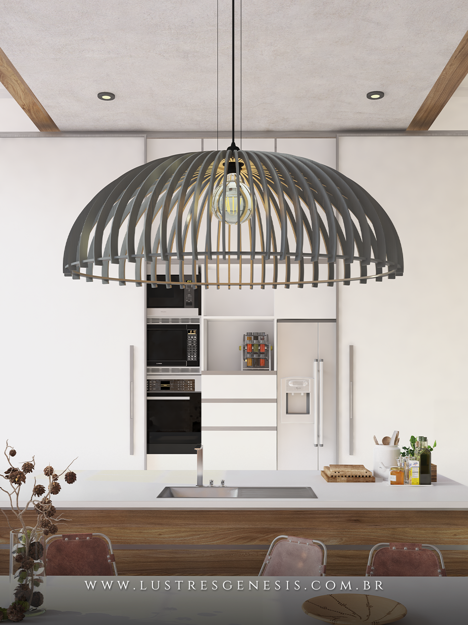 Lumin&aacute;ria pendente Elipse de madeira na cor branca, formato oval, ideal para mesa de jantar, quartos, salas e escrit&oacute;rios.